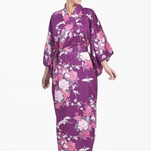 Kimono Japonés Peonía y Grullas Púrpura Mujer